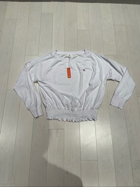 NWT Sundry White Long-Sleeve Crewneck smocked hem Sweatshirt -size Large (3)